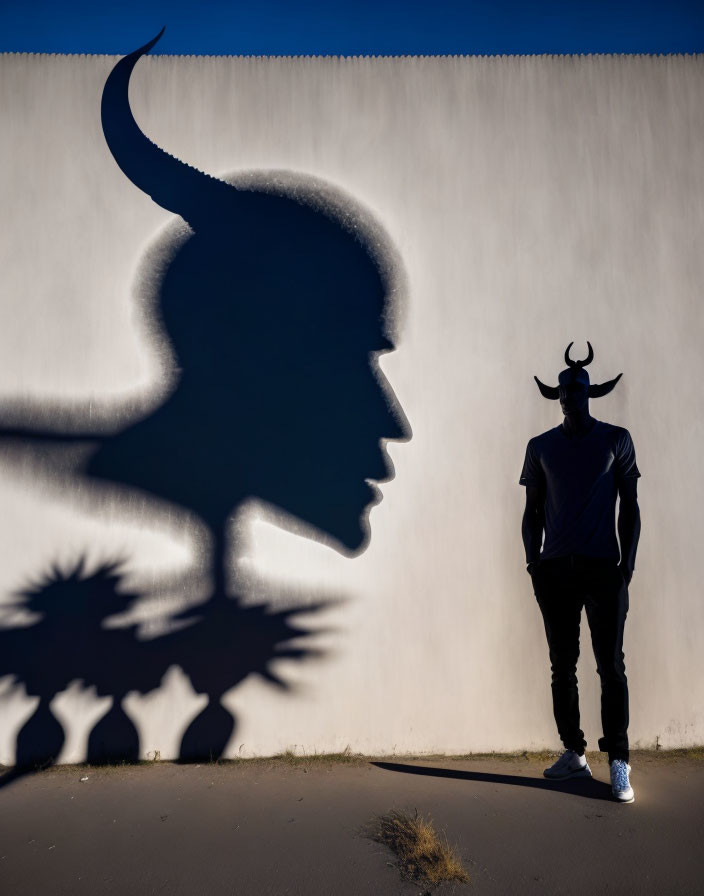 Shadow of person in horned mask cast on wall in bright sunlight