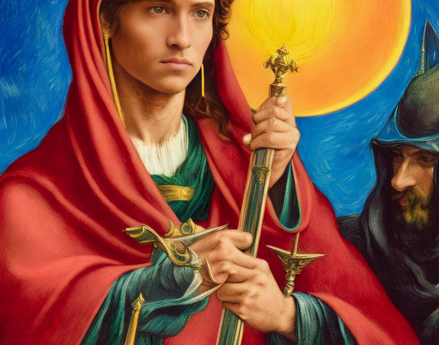 Person in Red Cloak Holding Golden Scepter with Sun Symbol Next to Figure in Blue Hat