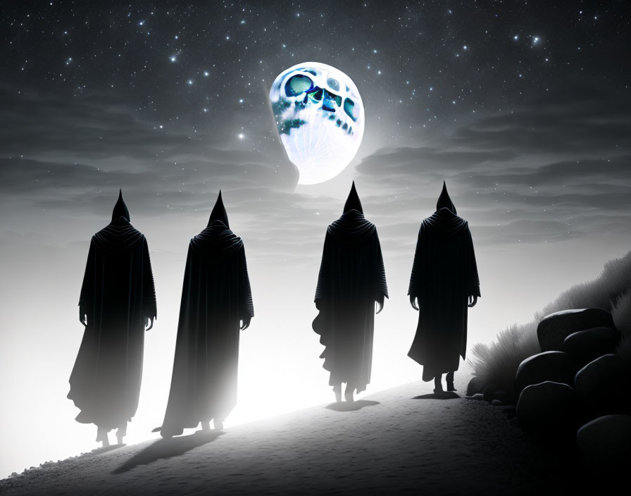 Three robed figures on moonlit path under starry sky with skull-like moon.