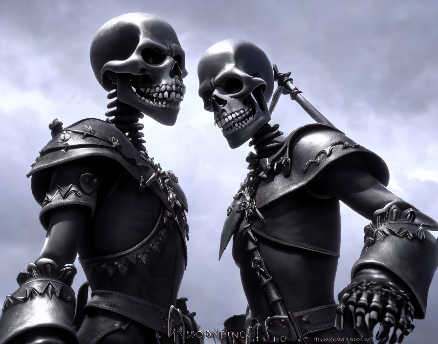 Skeleton warriors in armor under cloudy sky, one whispering to the other