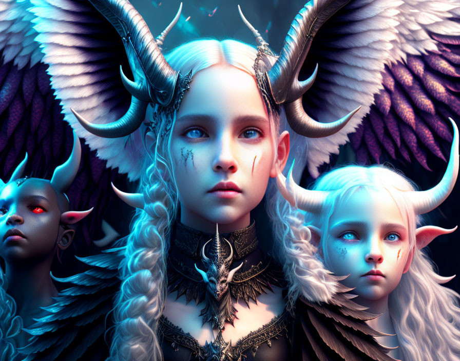 Fantasy characters with horns and wings in dark attire under blue light