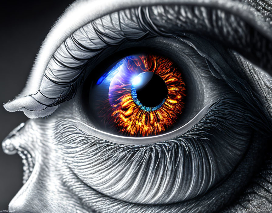 Intensely colored human eye with orange and blue iris, detailed eyelashes and skin texture.