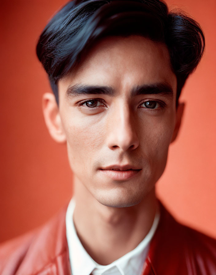 Young man with dark hair in red jacket against orange background