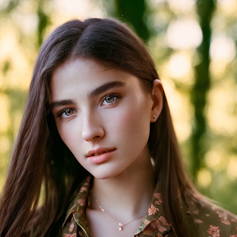 Young woman with brown hair and eyes in floral shirt and necklace against green backdrop