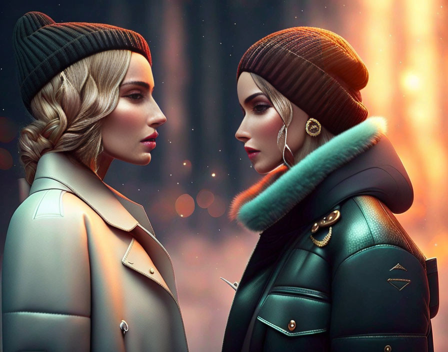 Stylized female figures in fashionable winter attire facing each other