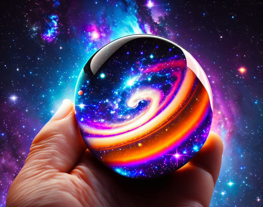 Hand holding crystal ball reflecting swirling galaxy in starry space.