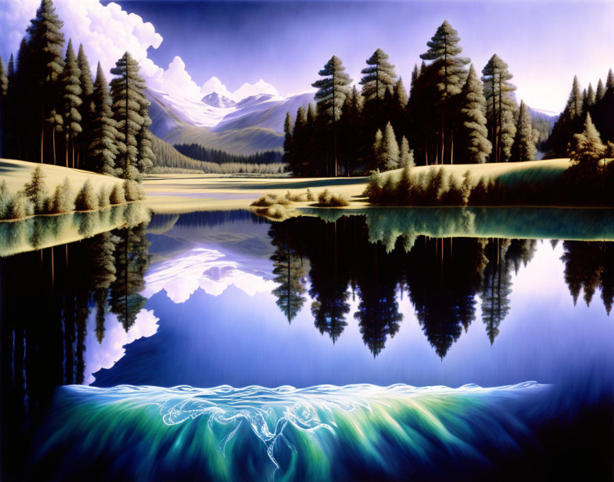 Tranquil landscape with reflective lake, pine trees, mountains, twilight sky, and luminous outline