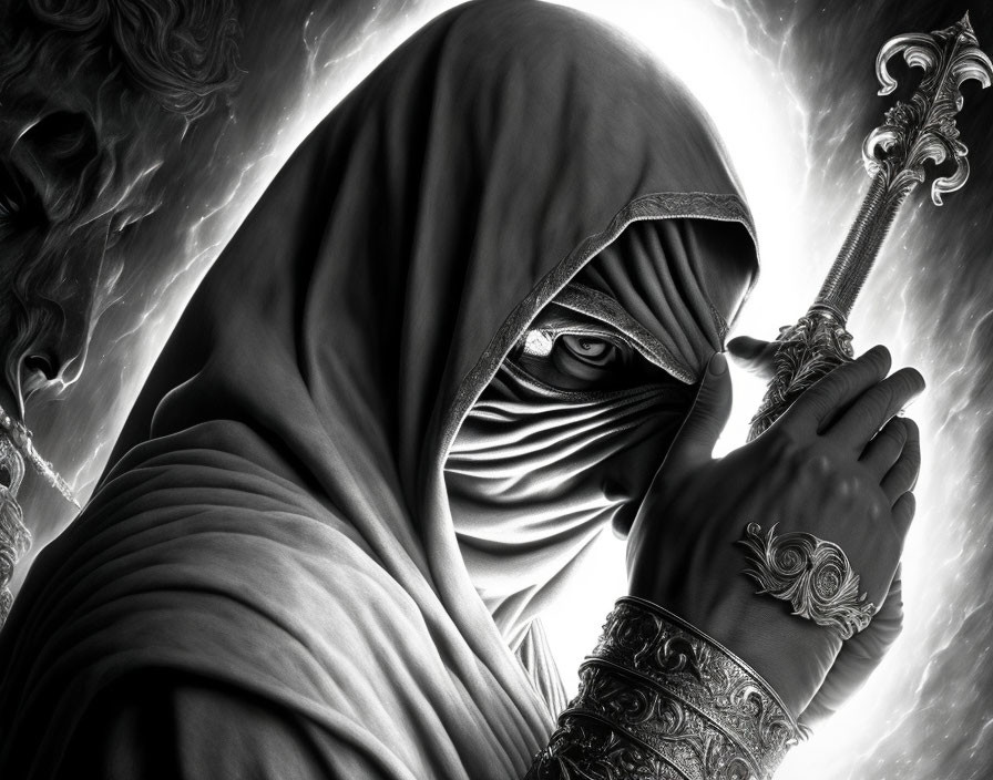 Person in Dark Cloak with Ornate Sword Surrounded by Sinister Faces