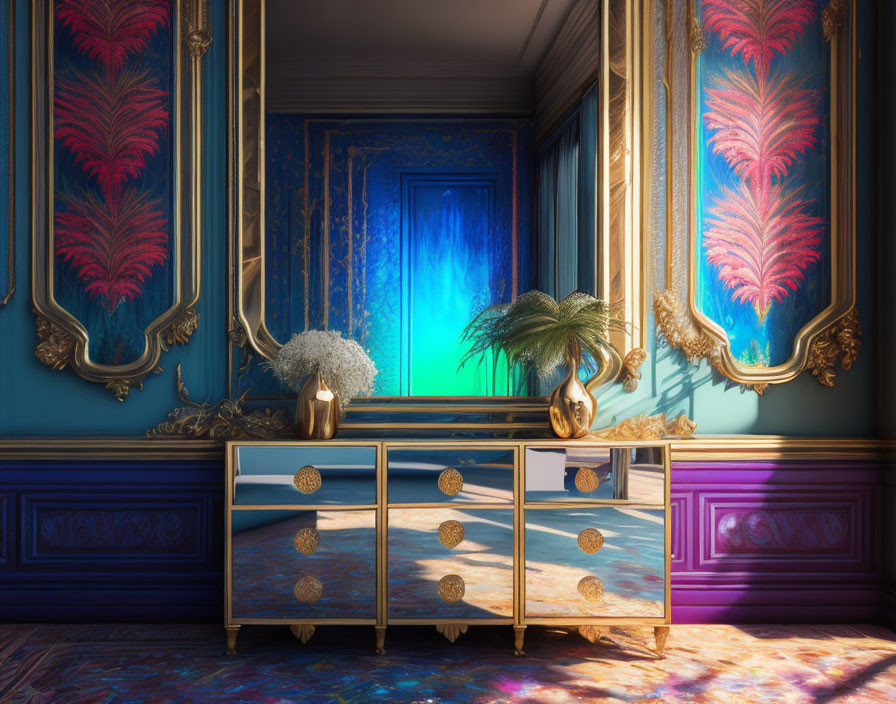 Luxurious blue and gold themed room with ornate cabinet and floral decor.