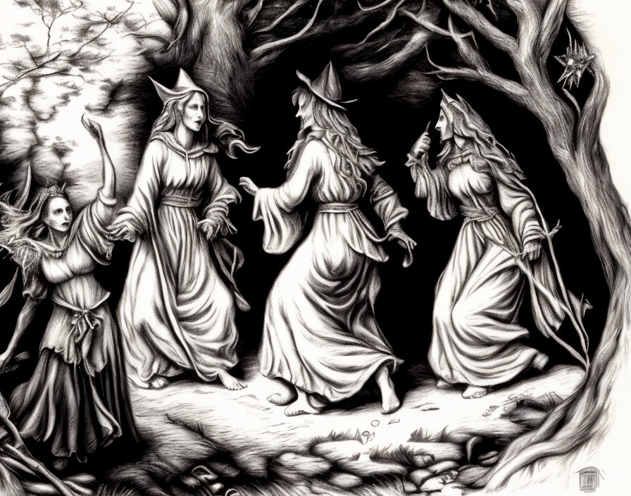 Medieval-themed pencil drawing of three women in witch-like attire emerging from a tree hollow