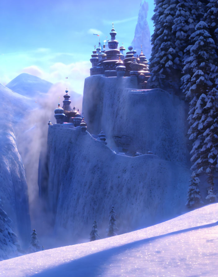 Snowy cliffs and whimsical snow-capped buildings in enchanting winter scene