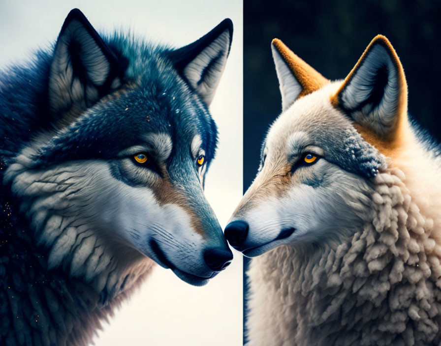 Composite Image Contrasting Realistic and Stylized Gray Wolf Interpretations