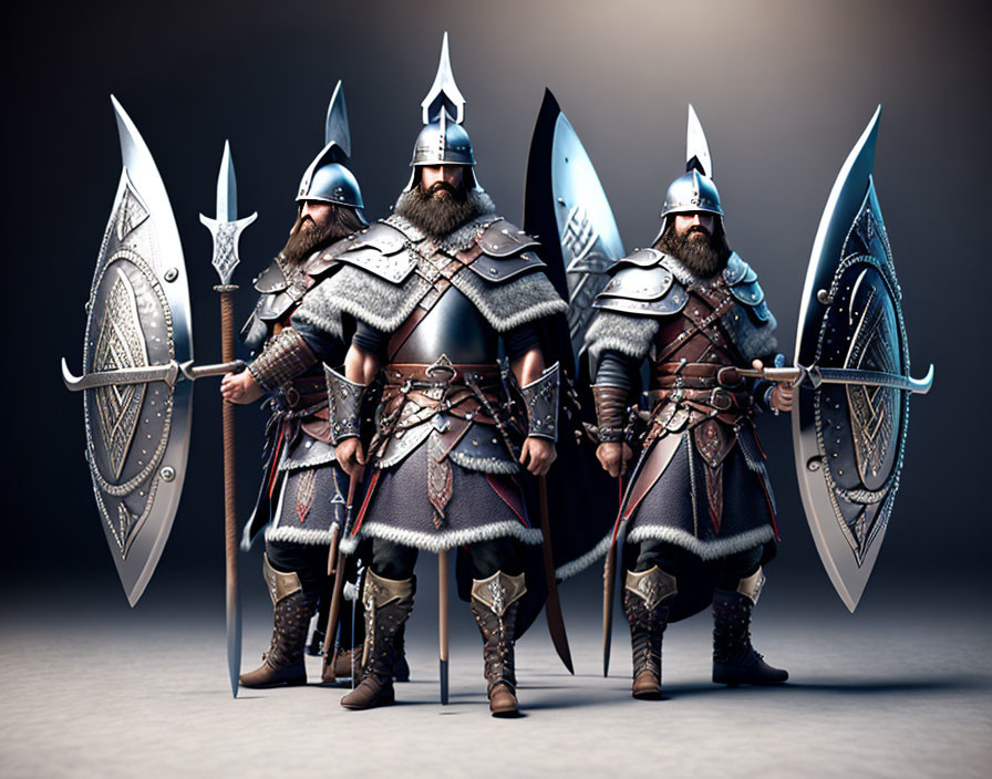 Three animated Vikings in traditional armor with helmets and spears standing side by side