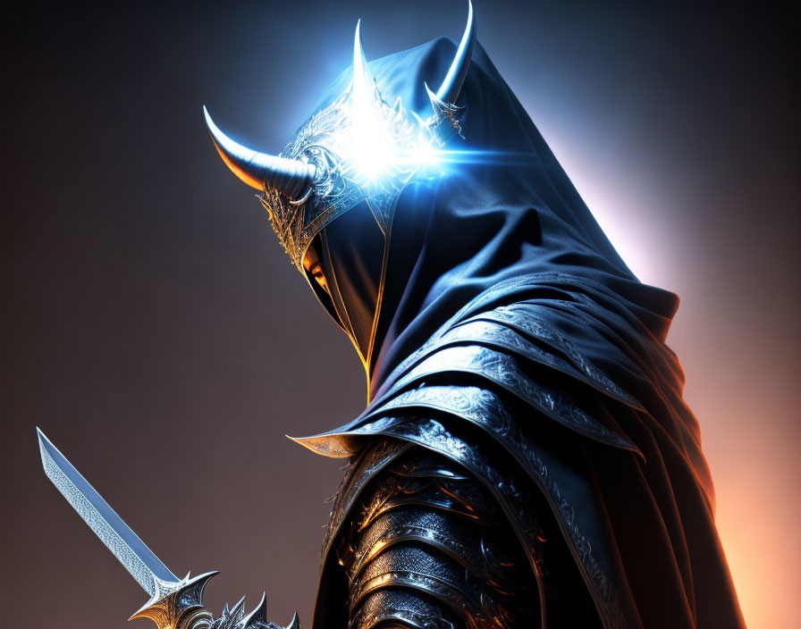 Dark-armored figure with glowing blue eyes and horns holding a dagger against a smoky backdrop