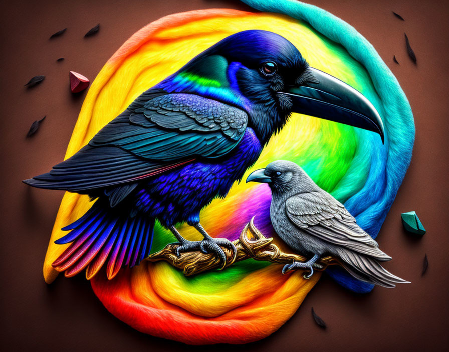 Colorful digital artwork: Glossy black raven with iridescent feathers next to grey bird in