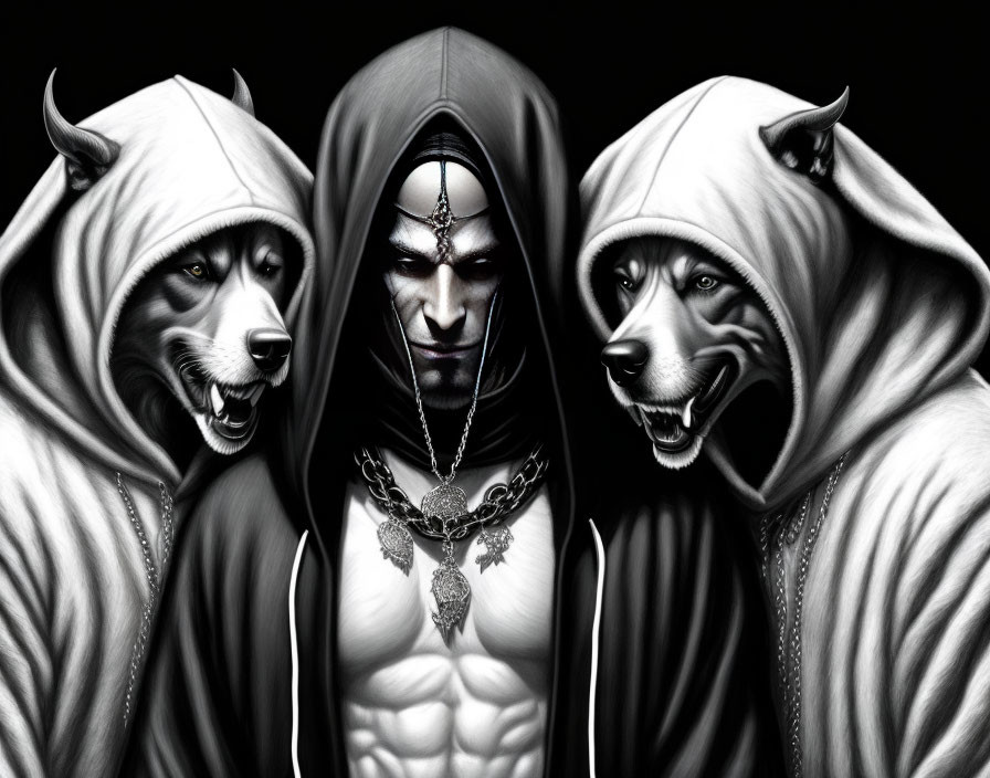 Monochrome fantasy art: Muscular man with hooded wolves, menacing expressions