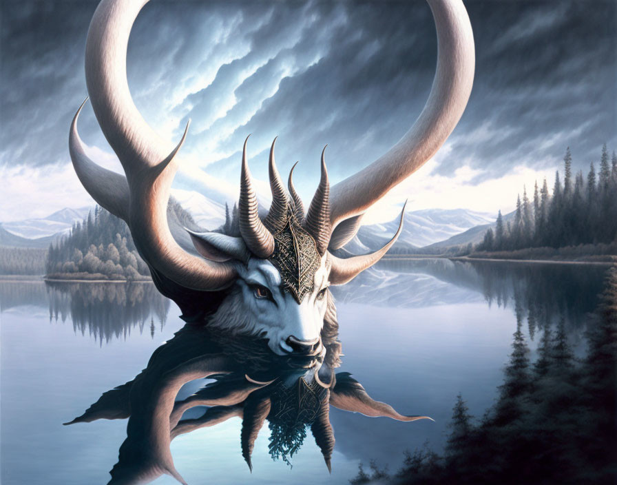 Mystical creature with prominent horns by calm lake and mountains