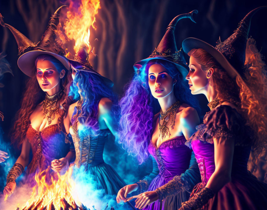 Three women in witch costumes by a mystical fire with blue and purple smoke