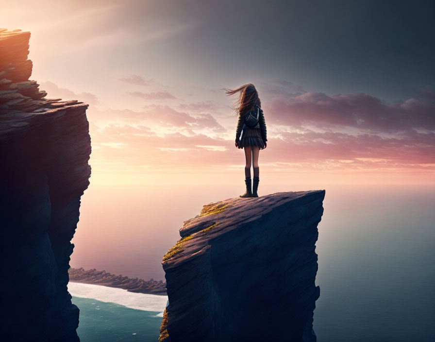 Person overlooking sea at sunset on cliff edge