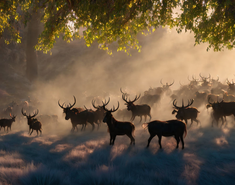 Deer herd in misty forest at sunrise with sunlight and shadows