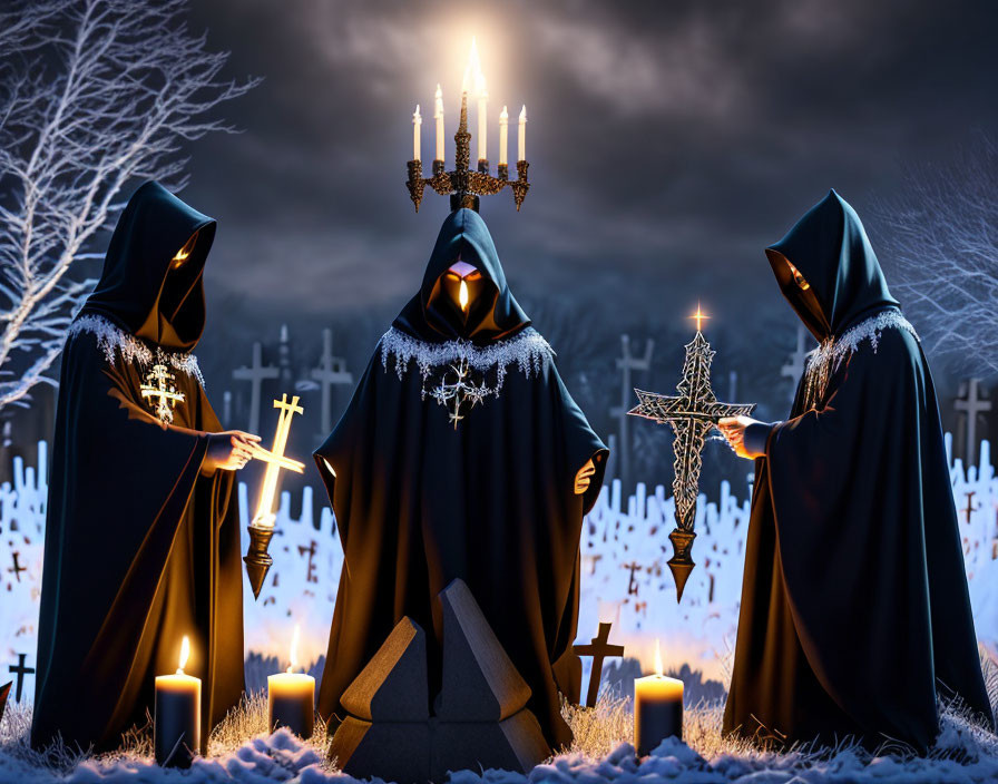 Moonlit cemetery scene with robed figures, crosses, and candelabra.