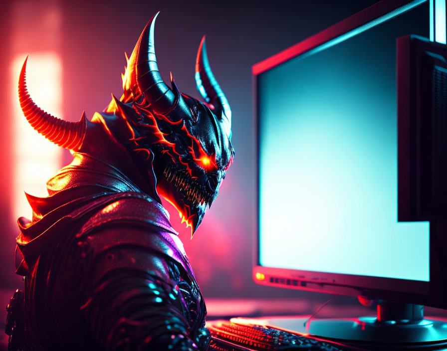 Person in demonic costume with glowing red eyes and horns at computer screen