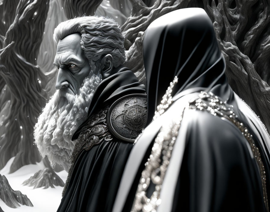 Detailed illustration: Bearded man in regal attire with cloaked figure among intricate trees.