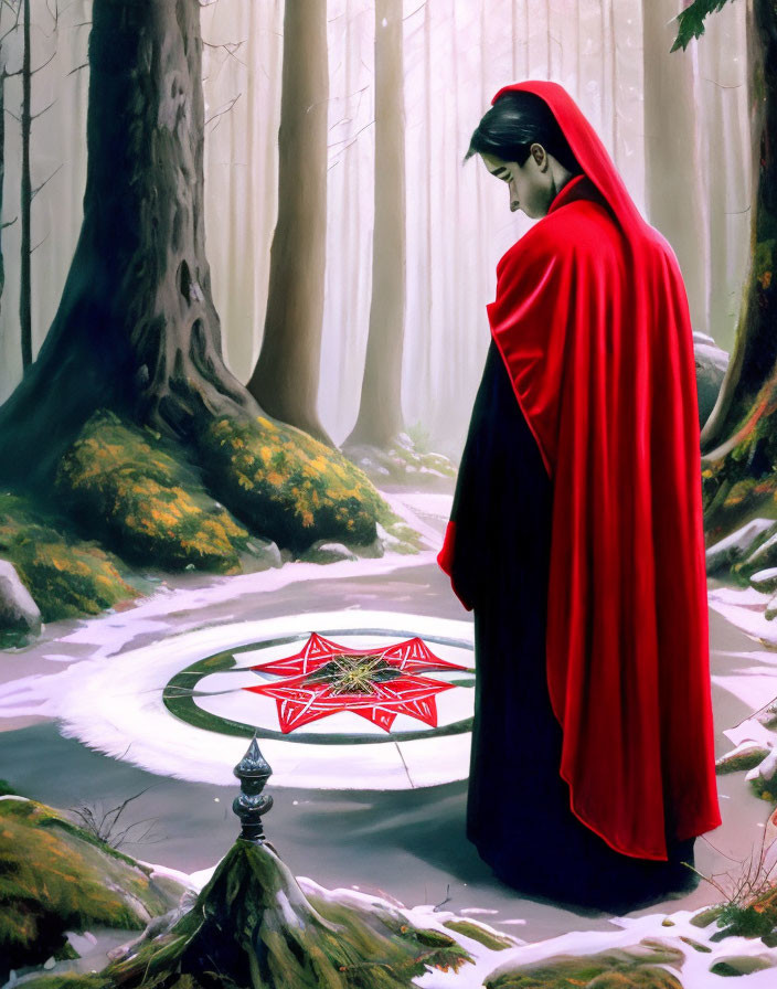 Person in Red Cloak Beside Pentagram in Foggy Forest