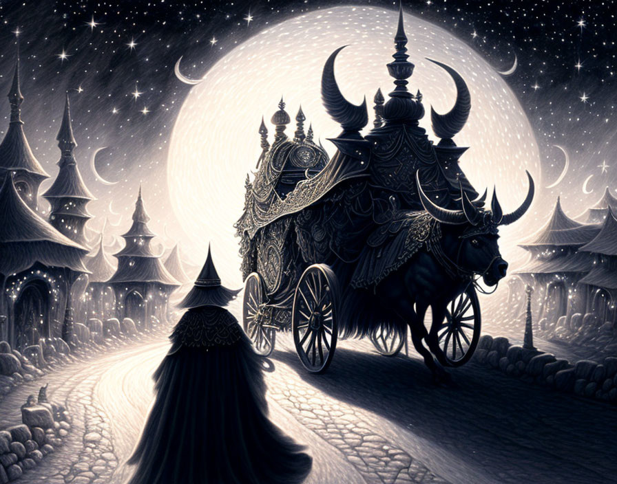 Mystical nighttime scene with ornate carriage and cloaked figure