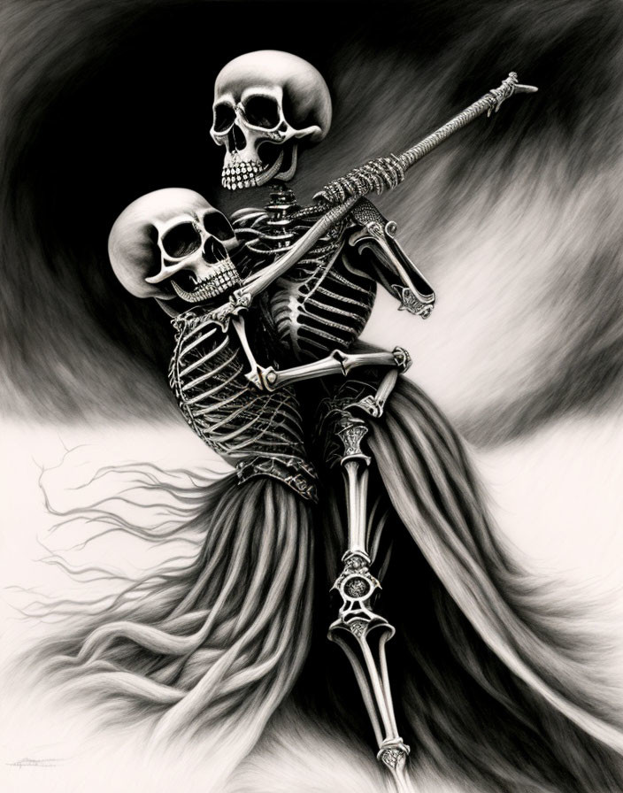 Illustration: Entwined skeletons with swirling cloak on dark background