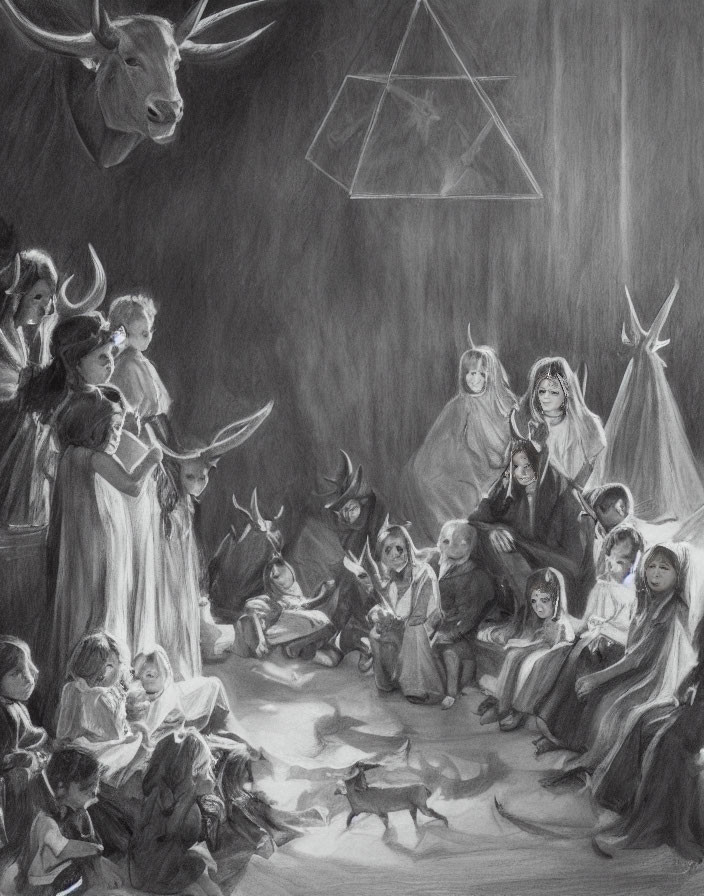 Monochrome nativity scene with figures, animals, and shining star