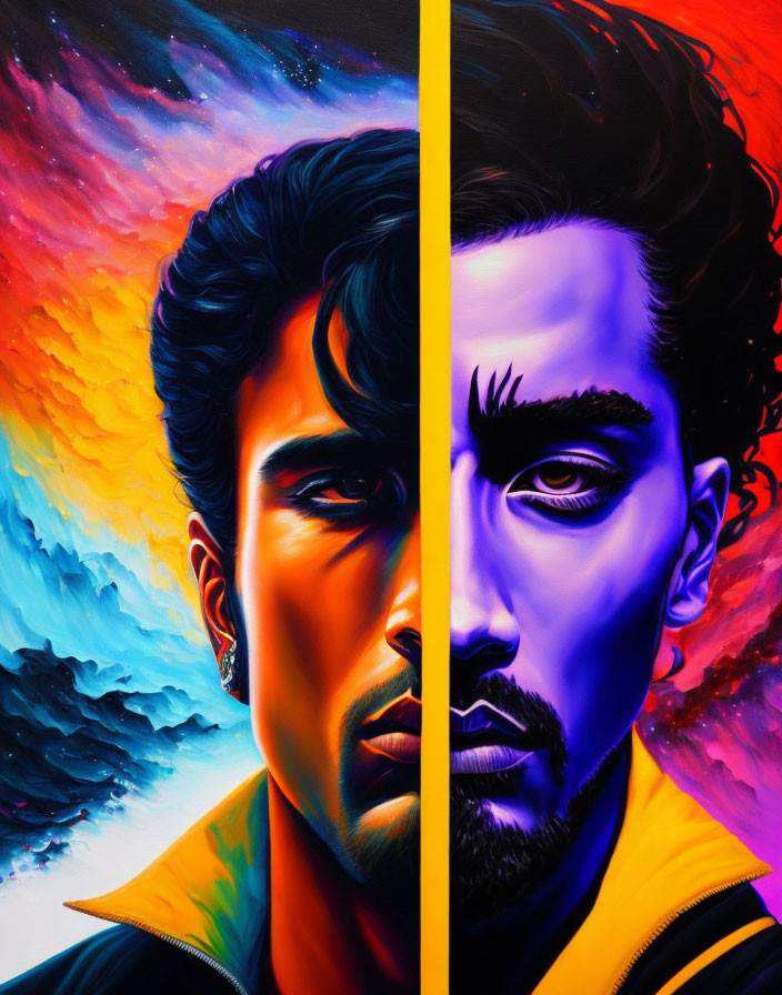 Split Portrait of a Man with Vibrant Contrasting Colors