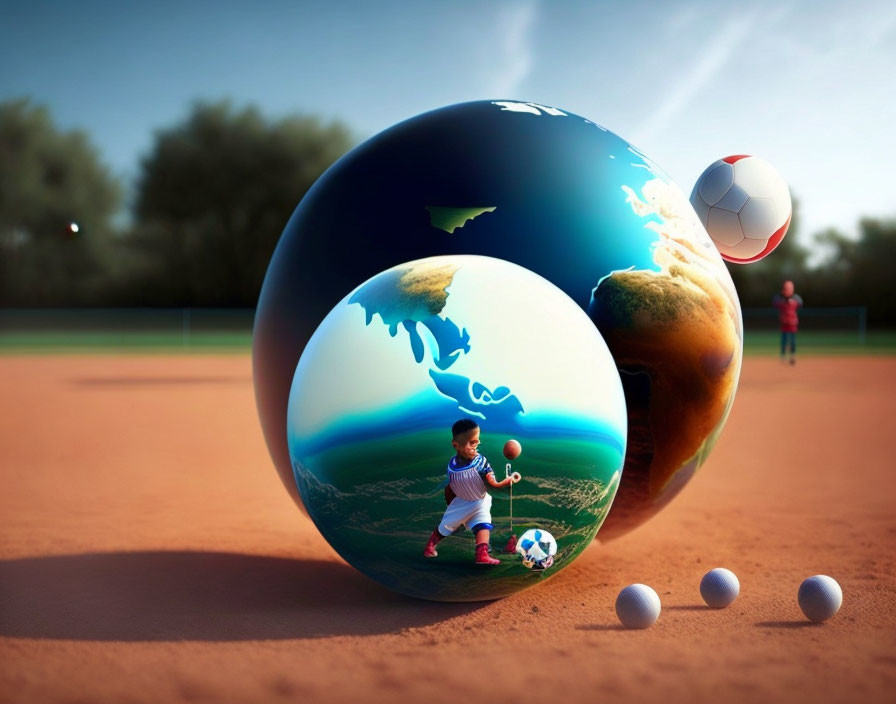 Child playing soccer with giant earth-patterned ball on dirt pitch