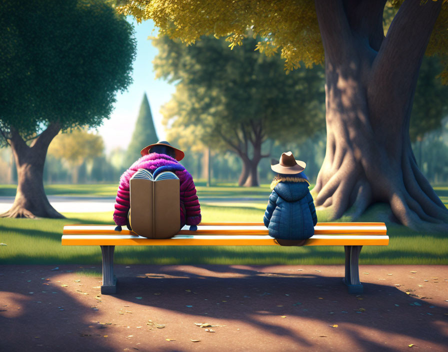 Children reading book on park bench under tree shade