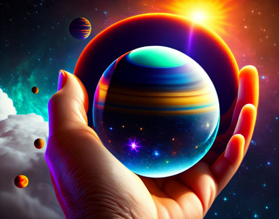 Vibrant hand holding colorful planet in cosmic space