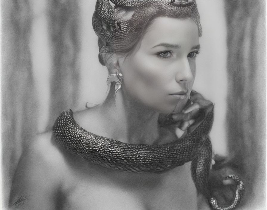 Monochromatic image of woman with snake draped around neck, in thoughtful pose