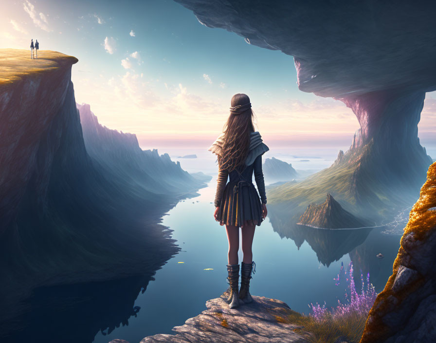 Person overlooking serene waterway between towering rock formations with distant figures.