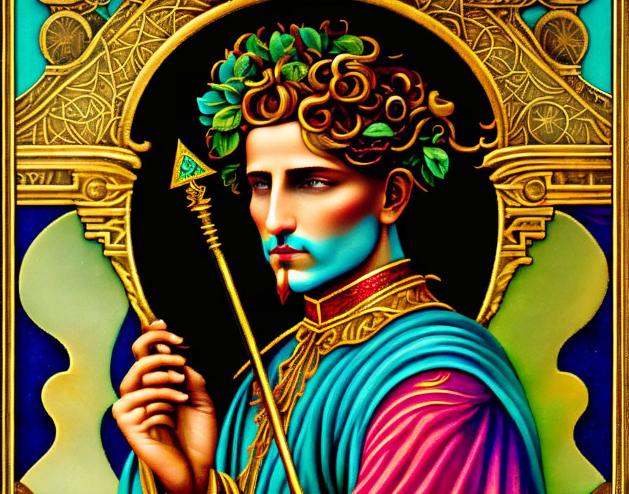 Figure with laurel wreath and spear on golden art nouveau background with blue wing-like designs