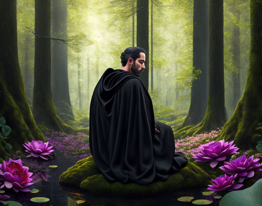 Man in black cloak meditating among lotus flowers in misty forest