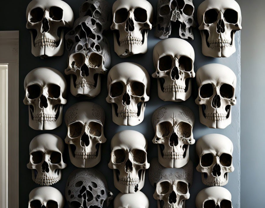 Rows of human skull replicas on shelves against dark background