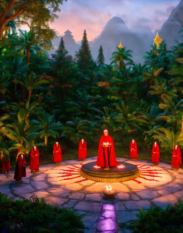 Group in red cloaks around central figure in mystical forest at twilight