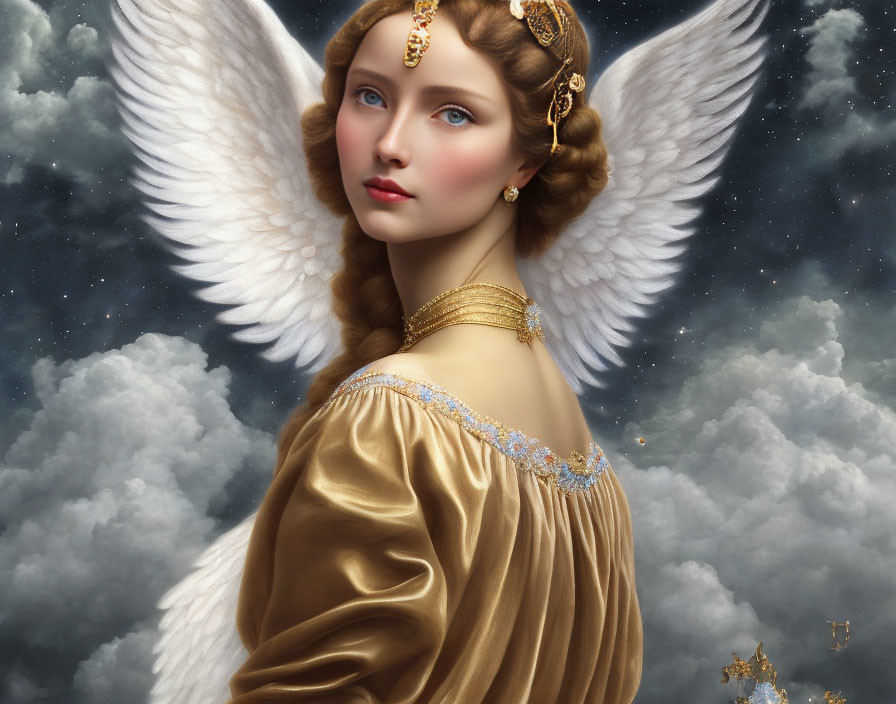 Angelic figure with white wings, golden gown, and ornate jewelry in cloudy sky setting