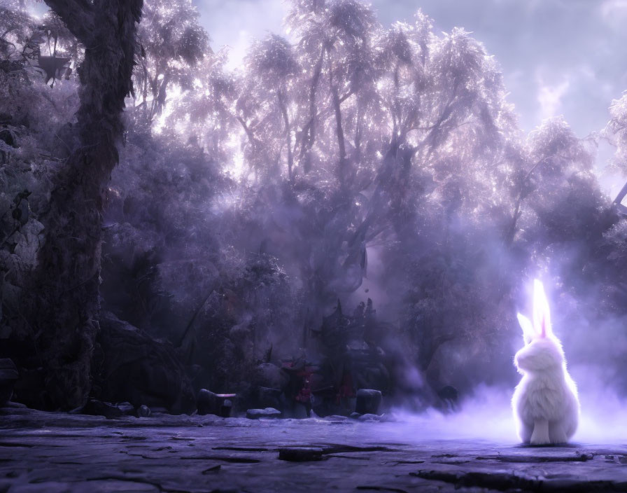 Mystical white rabbit with horn in ethereal forest scene