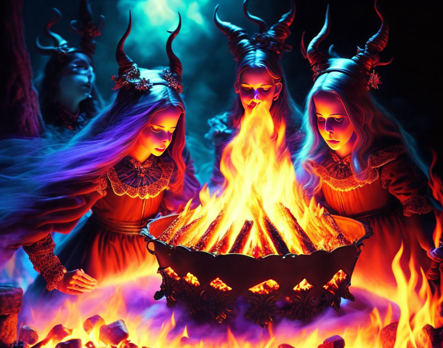 Three horned female demon figures around fiery cauldron in mystical, dark setting with eerie blue and