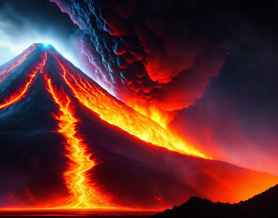 Volcanic eruption at night with red-hot lava and smoke against starry sky