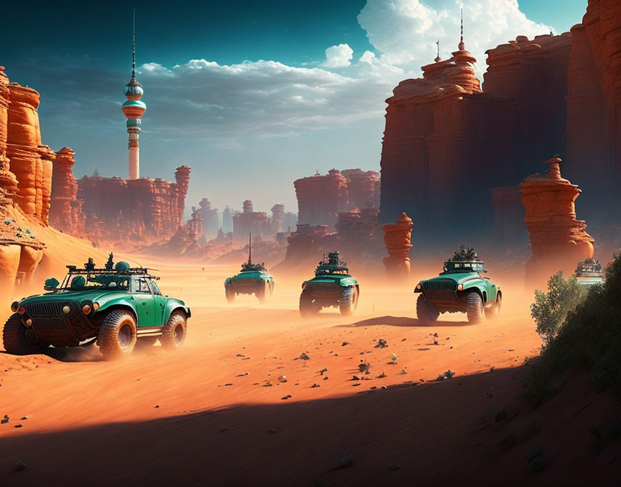 Futuristic convoy in desert with rock formations and city skyline.