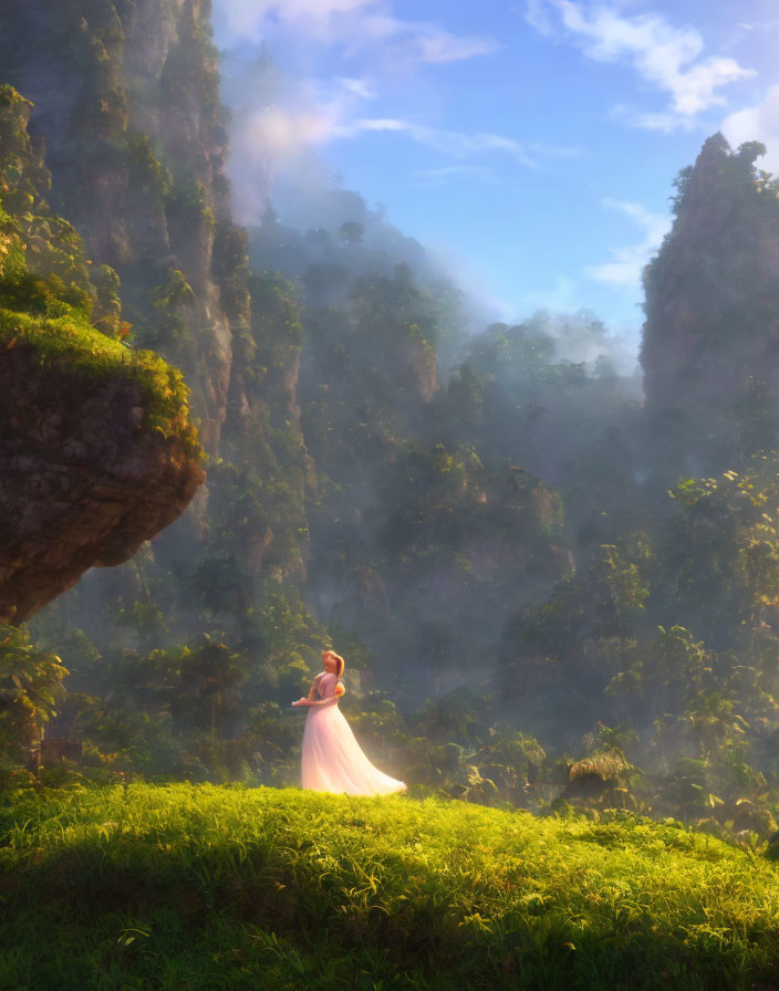 Woman in pink dress overlooking misty forest from grassy ledge