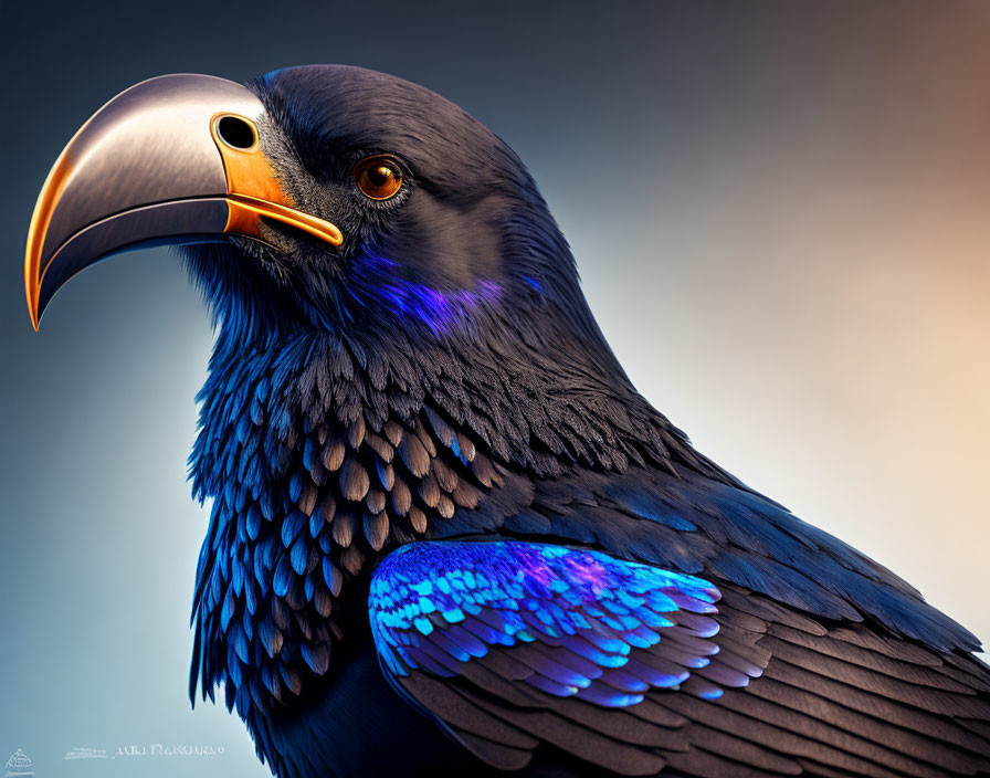 Detailed close-up of a glossy black raven with iridescent blues and golden beak