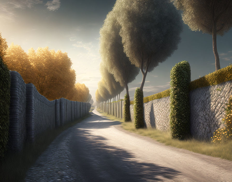 Tranquil Pathway with Stone Wall, Hedge, and Tall Trees