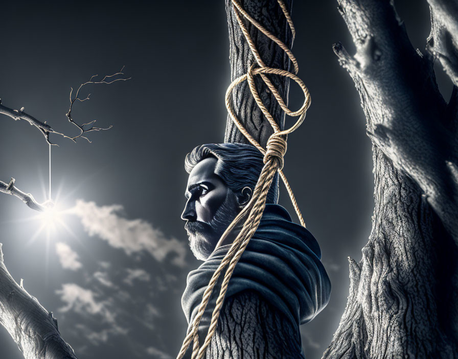 Man with solemn expression standing near noose in eerie setting